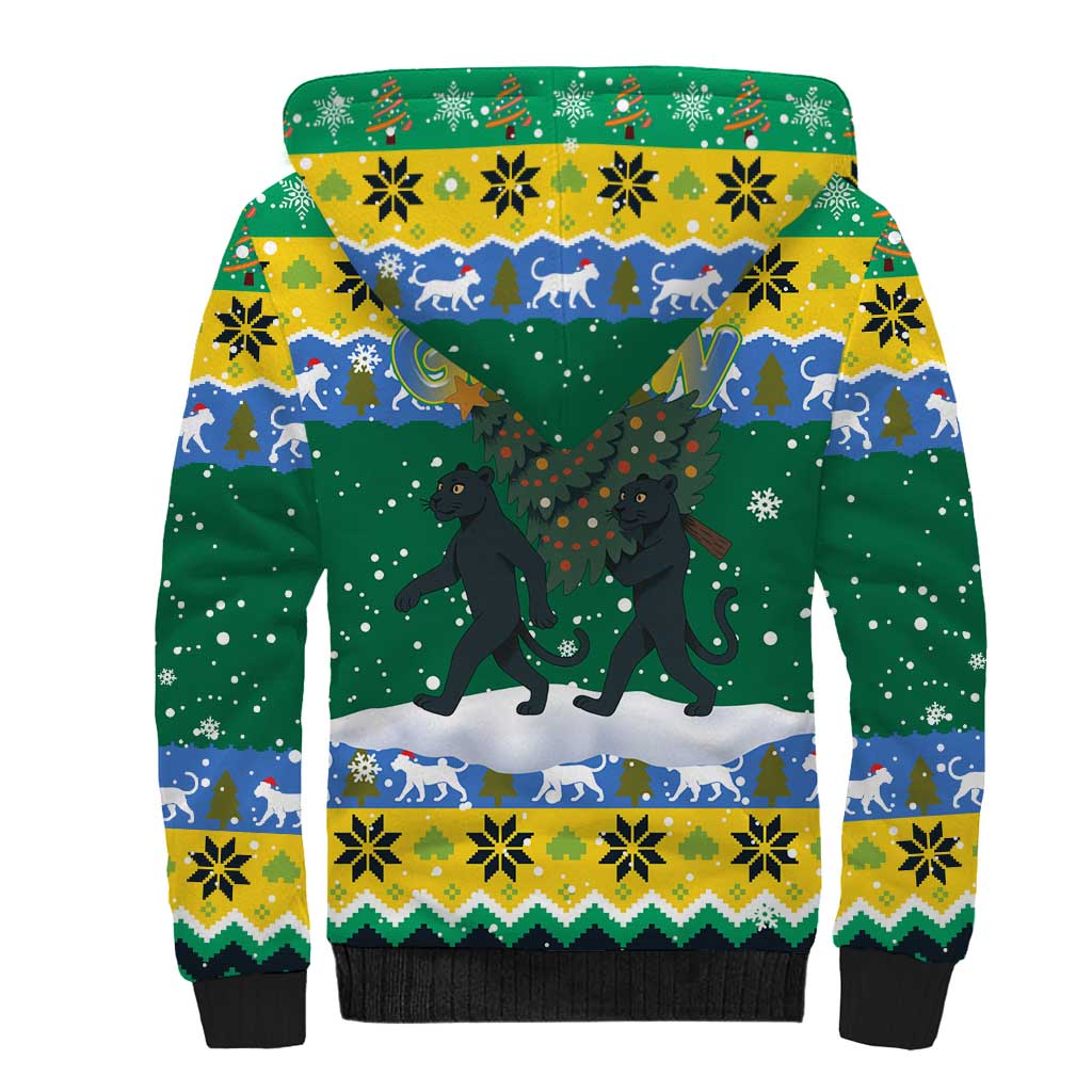Gabon Christmas Sherpa Hoodie with Black Panthers Carrying Tree and Green Yellow Snowflake Pattern - Wonder Print Shop