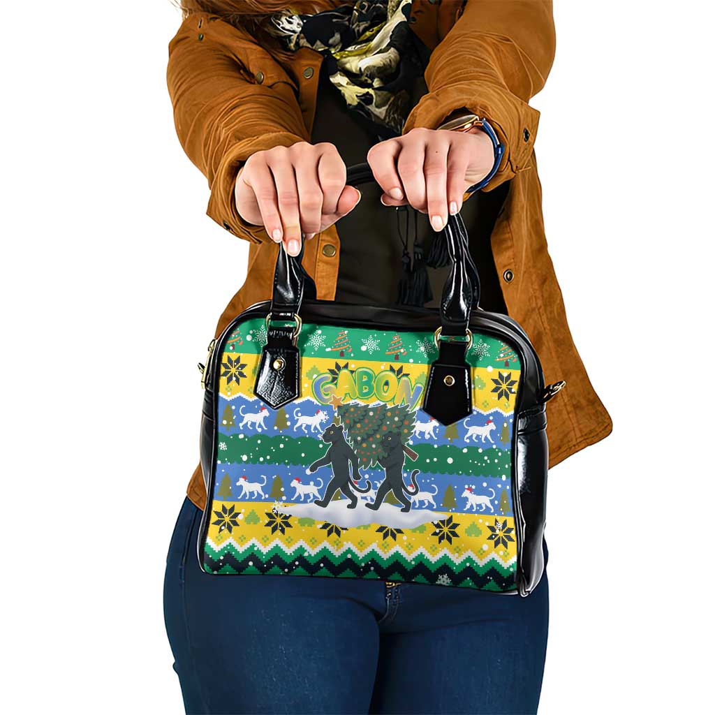 Gabon Christmas Shoulder Handbag with Black Panthers Carrying Tree and Green Yellow Snowflake Pattern - Wonder Print Shop