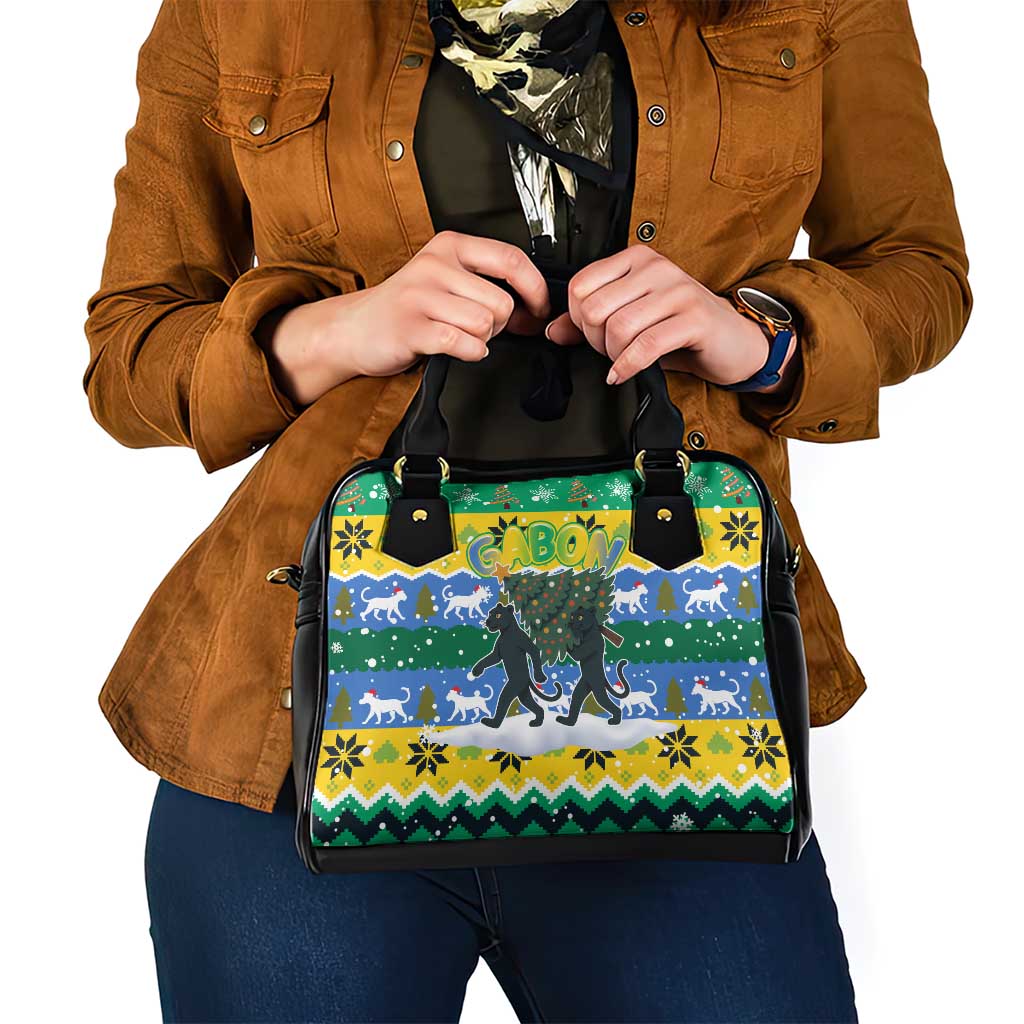 Gabon Christmas Shoulder Handbag with Black Panthers Carrying Tree and Green Yellow Snowflake Pattern - Wonder Print Shop