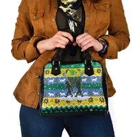 Gabon Christmas Shoulder Handbag with Black Panthers Carrying Tree and Green Yellow Snowflake Pattern - Wonder Print Shop