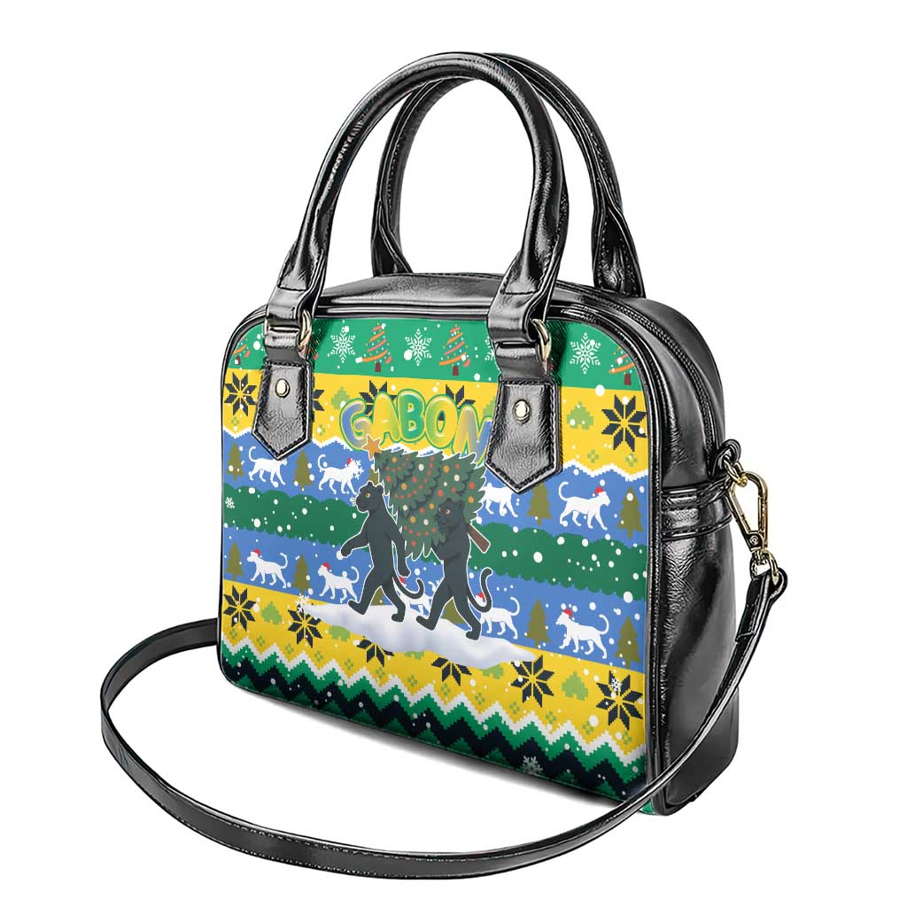 Gabon Christmas Shoulder Handbag with Black Panthers Carrying Tree and Green Yellow Snowflake Pattern - Wonder Print Shop