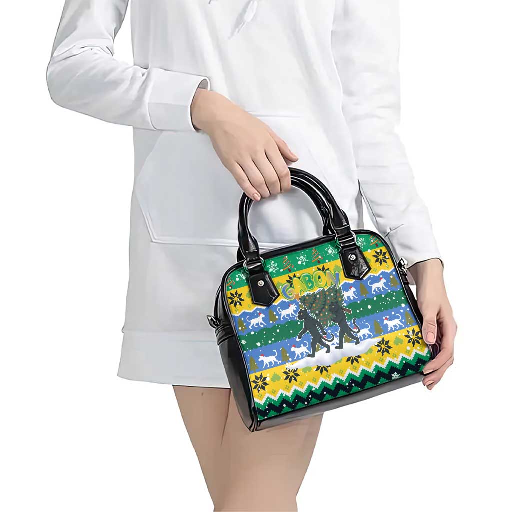 Gabon Christmas Shoulder Handbag with Black Panthers Carrying Tree and Green Yellow Snowflake Pattern - Wonder Print Shop