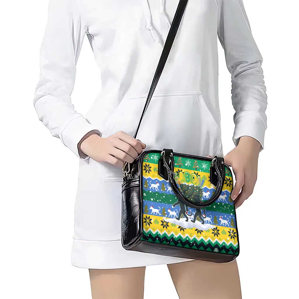 Gabon Christmas Shoulder Handbag with Black Panthers Carrying Tree and Green Yellow Snowflake Pattern - Wonder Print Shop