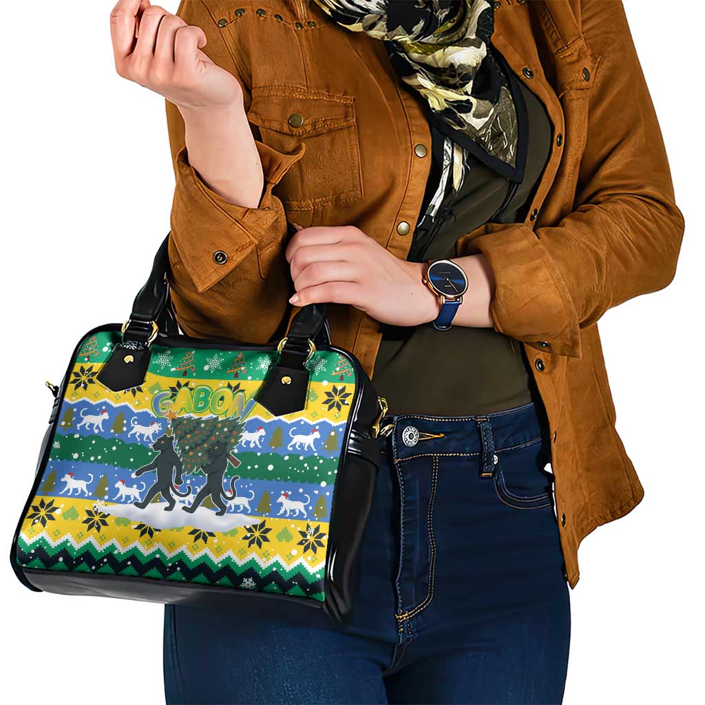 Gabon Christmas Shoulder Handbag with Black Panthers Carrying Tree and Green Yellow Snowflake Pattern - Wonder Print Shop