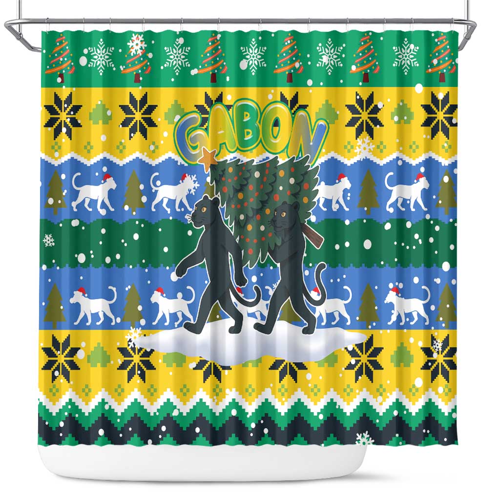 Gabon Christmas Shower Curtain with Black Panthers Carrying Tree and Green Yellow Snowflake Pattern - Wonder Print Shop