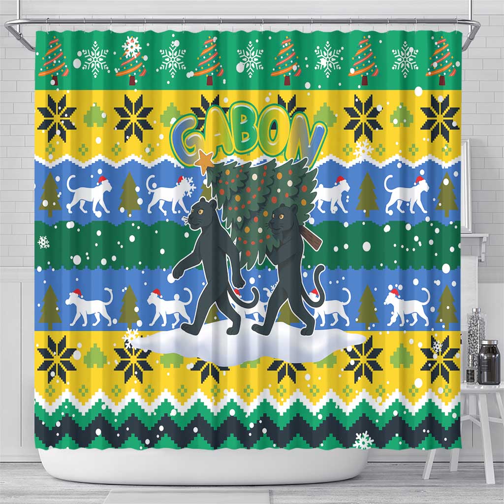 Gabon Christmas Shower Curtain with Black Panthers Carrying Tree and Green Yellow Snowflake Pattern - Wonder Print Shop