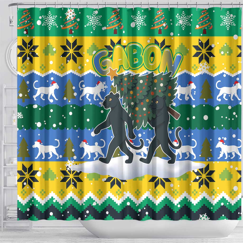 Gabon Christmas Shower Curtain with Black Panthers Carrying Tree and Green Yellow Snowflake Pattern - Wonder Print Shop