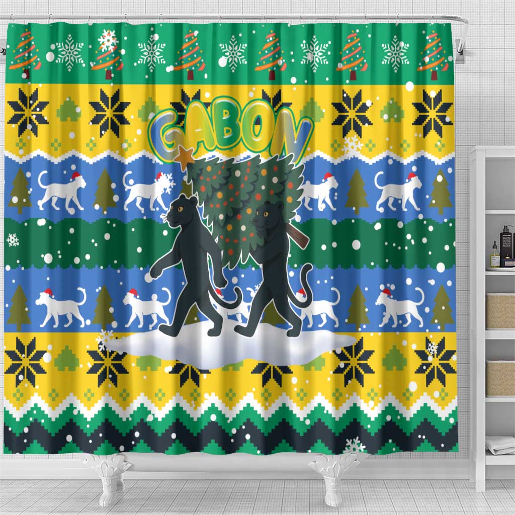 Gabon Christmas Shower Curtain with Black Panthers Carrying Tree and Green Yellow Snowflake Pattern - Wonder Print Shop