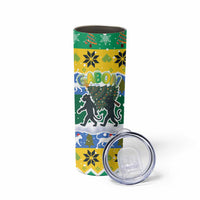 Gabon Christmas Skinny Tumbler with Black Panthers Carrying Tree and Green Yellow Snowflake Pattern - Wonder Print Shop