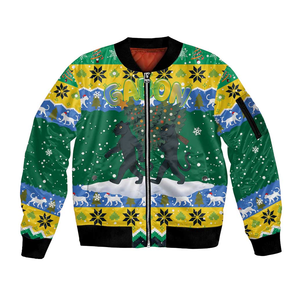 Gabon Christmas Sleeve Zip Bomber Jacket with Black Panthers Carrying Tree and Green Yellow Snowflake Pattern - Wonder Print Shop