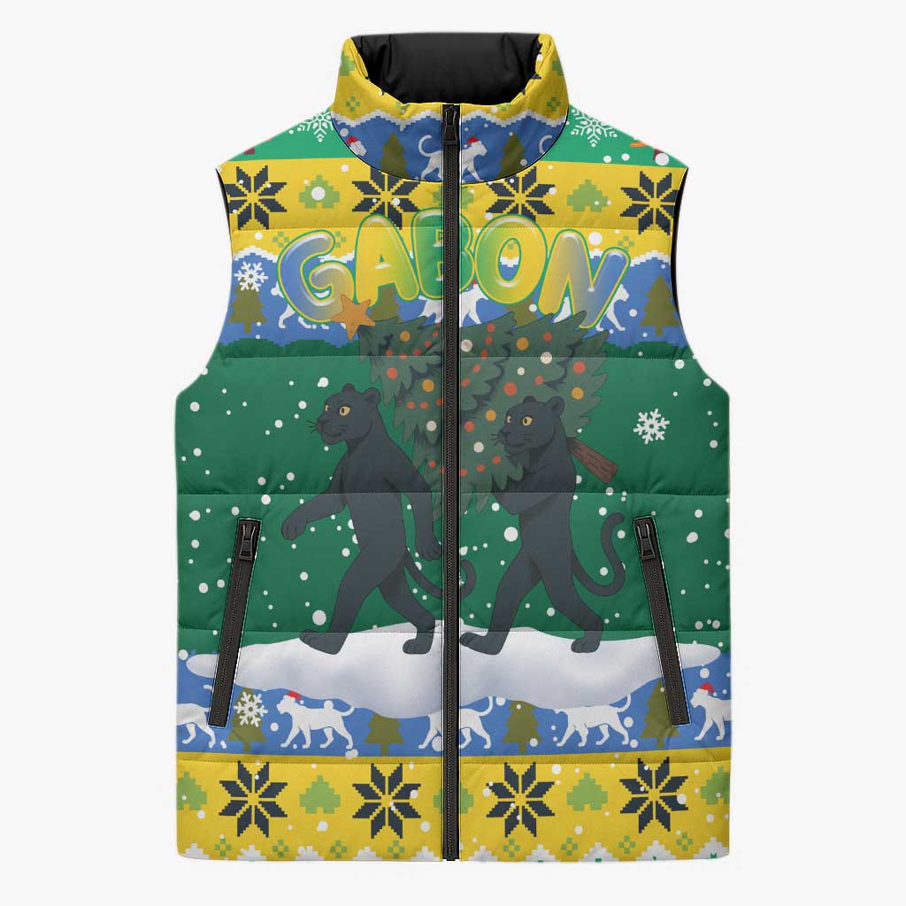 Gabon Christmas Sleeveless Puffer Jacket with Black Panthers Carrying Tree and Green Yellow Snowflake Pattern - Wonder Print Shop