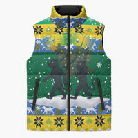Gabon Christmas Sleeveless Puffer Jacket with Black Panthers Carrying Tree and Green Yellow Snowflake Pattern - Wonder Print Shop
