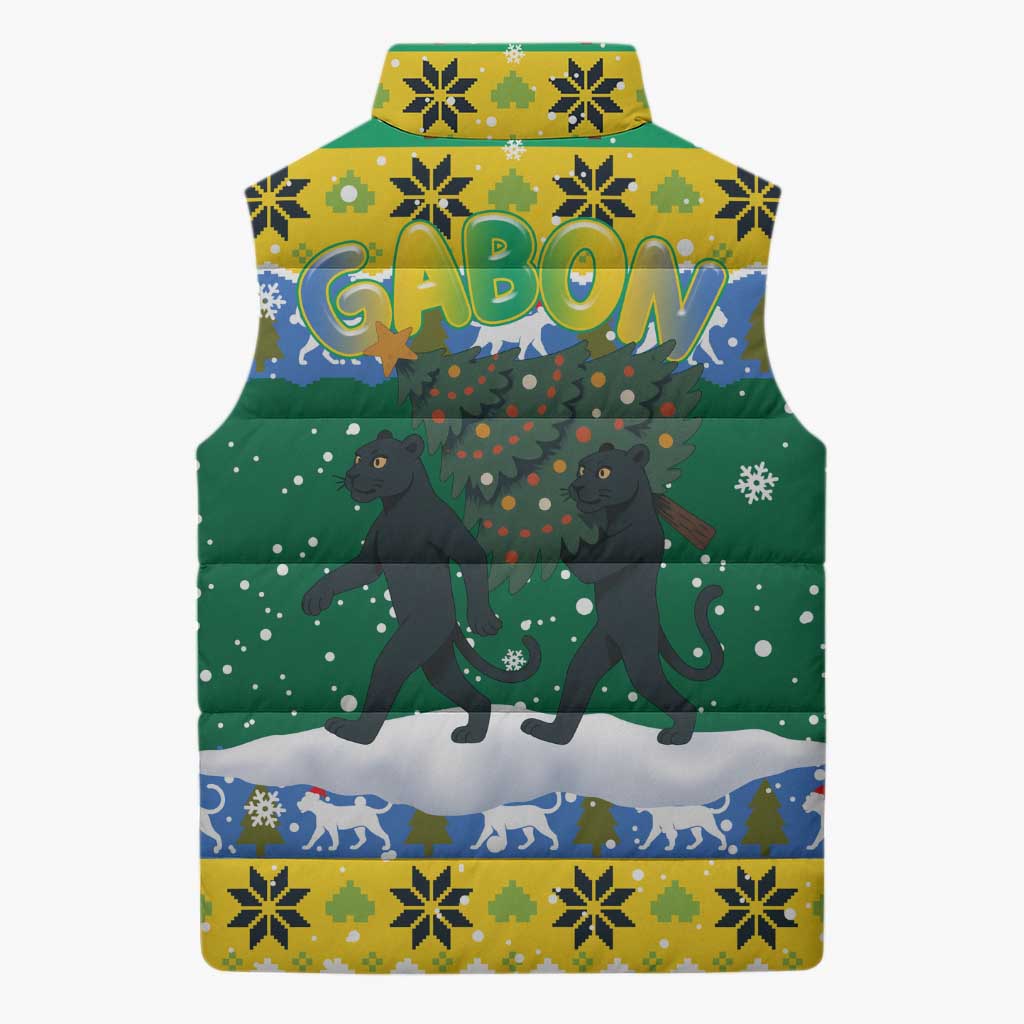 Gabon Christmas Sleeveless Puffer Jacket with Black Panthers Carrying Tree and Green Yellow Snowflake Pattern - Wonder Print Shop