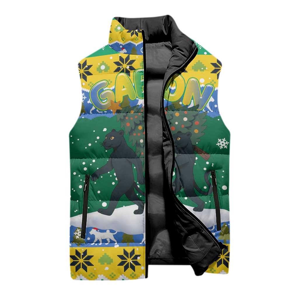 Gabon Christmas Sleeveless Puffer Jacket with Black Panthers Carrying Tree and Green Yellow Snowflake Pattern - Wonder Print Shop