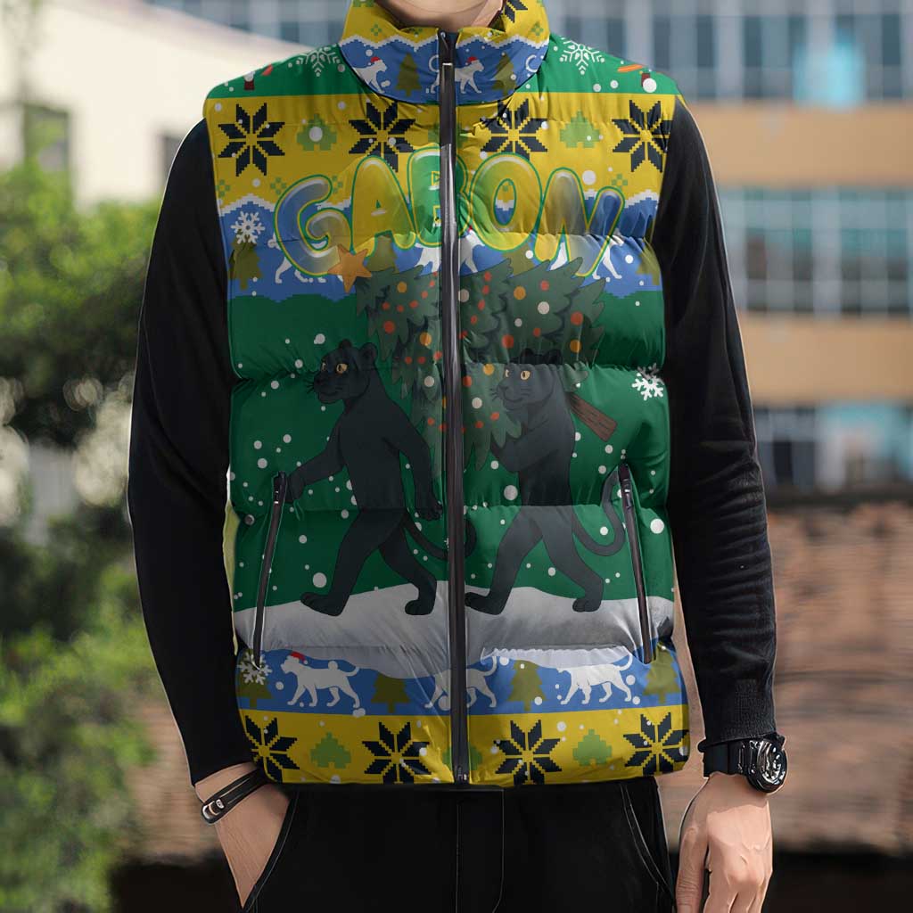 Gabon Christmas Sleeveless Puffer Jacket with Black Panthers Carrying Tree and Green Yellow Snowflake Pattern - Wonder Print Shop