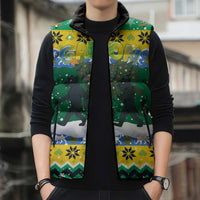 Gabon Christmas Sleeveless Puffer Jacket with Black Panthers Carrying Tree and Green Yellow Snowflake Pattern - Wonder Print Shop