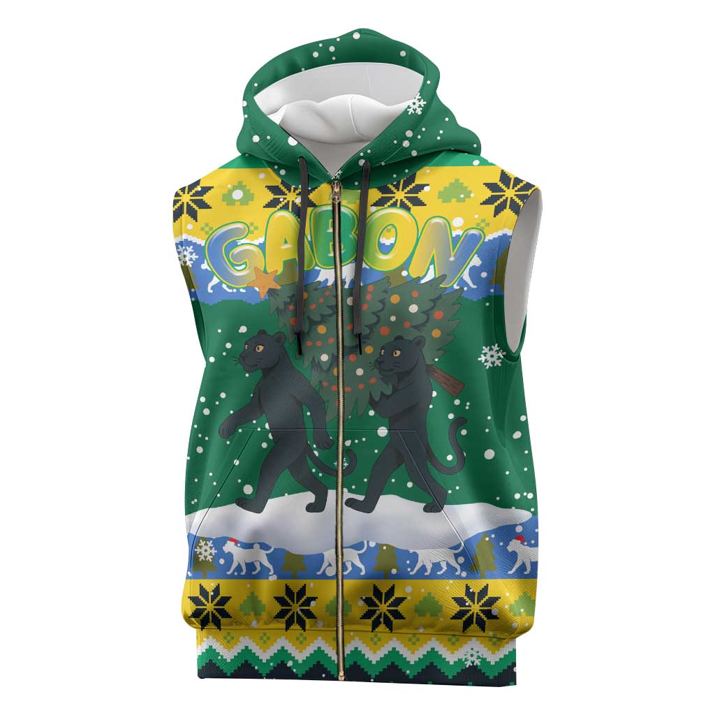 Gabon Christmas Sleeveless Zip Hoodie with Black Panthers Carrying Tree and Green Yellow Snowflake Pattern - Wonder Print Shop