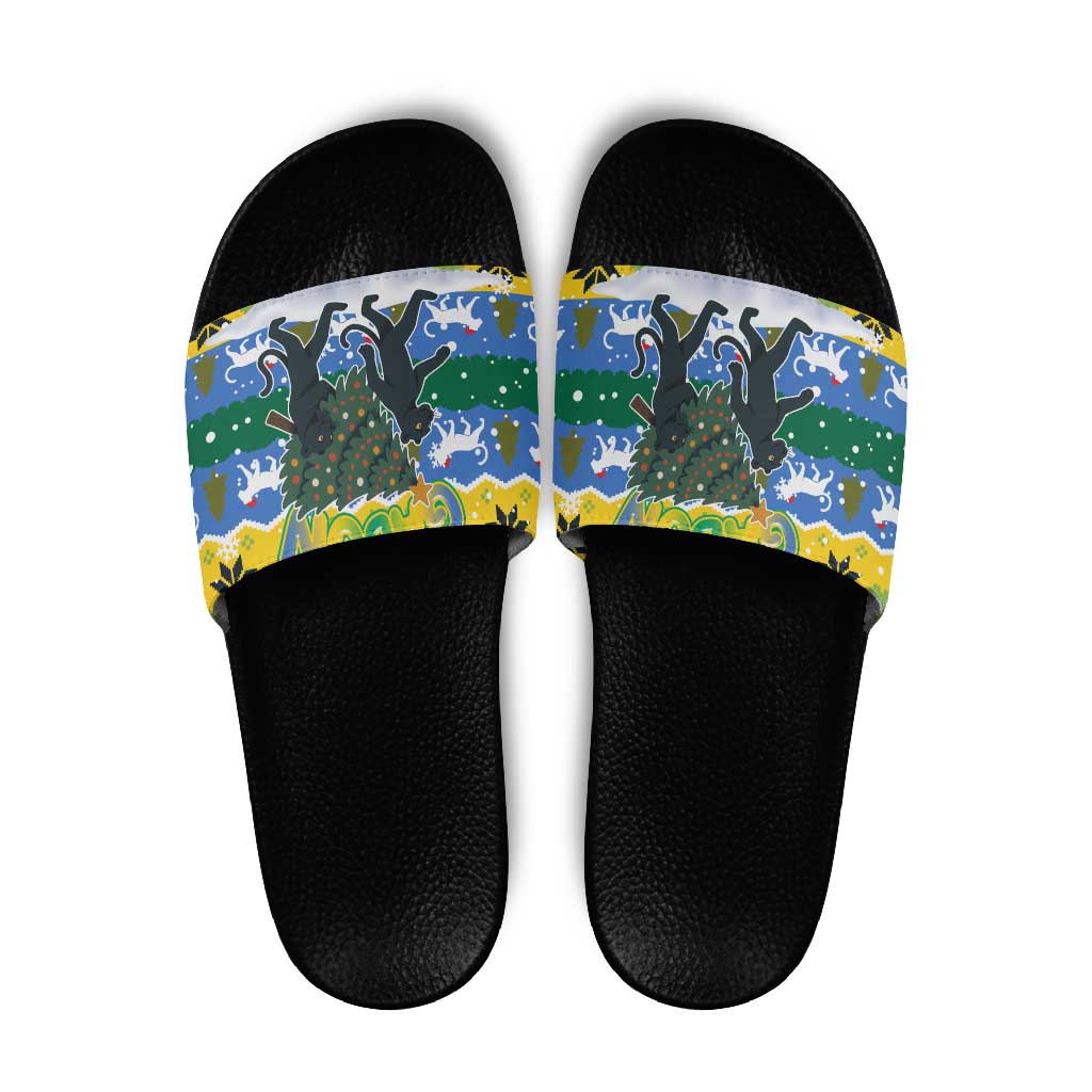 Gabon Christmas Slide Sandals with Black Panthers Carrying Tree and Green Yellow Snowflake Pattern - Wonder Print Shop