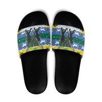 Gabon Christmas Slide Sandals with Black Panthers Carrying Tree and Green Yellow Snowflake Pattern - Wonder Print Shop