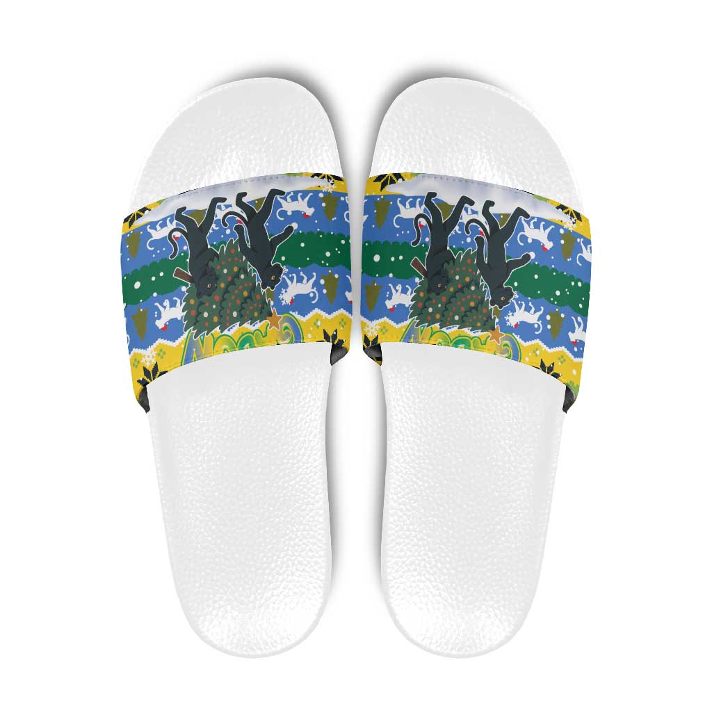 Gabon Christmas Slide Sandals with Black Panthers Carrying Tree and Green Yellow Snowflake Pattern - Wonder Print Shop