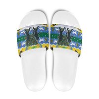 Gabon Christmas Slide Sandals with Black Panthers Carrying Tree and Green Yellow Snowflake Pattern - Wonder Print Shop
