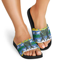 Gabon Christmas Slide Sandals with Black Panthers Carrying Tree and Green Yellow Snowflake Pattern - Wonder Print Shop