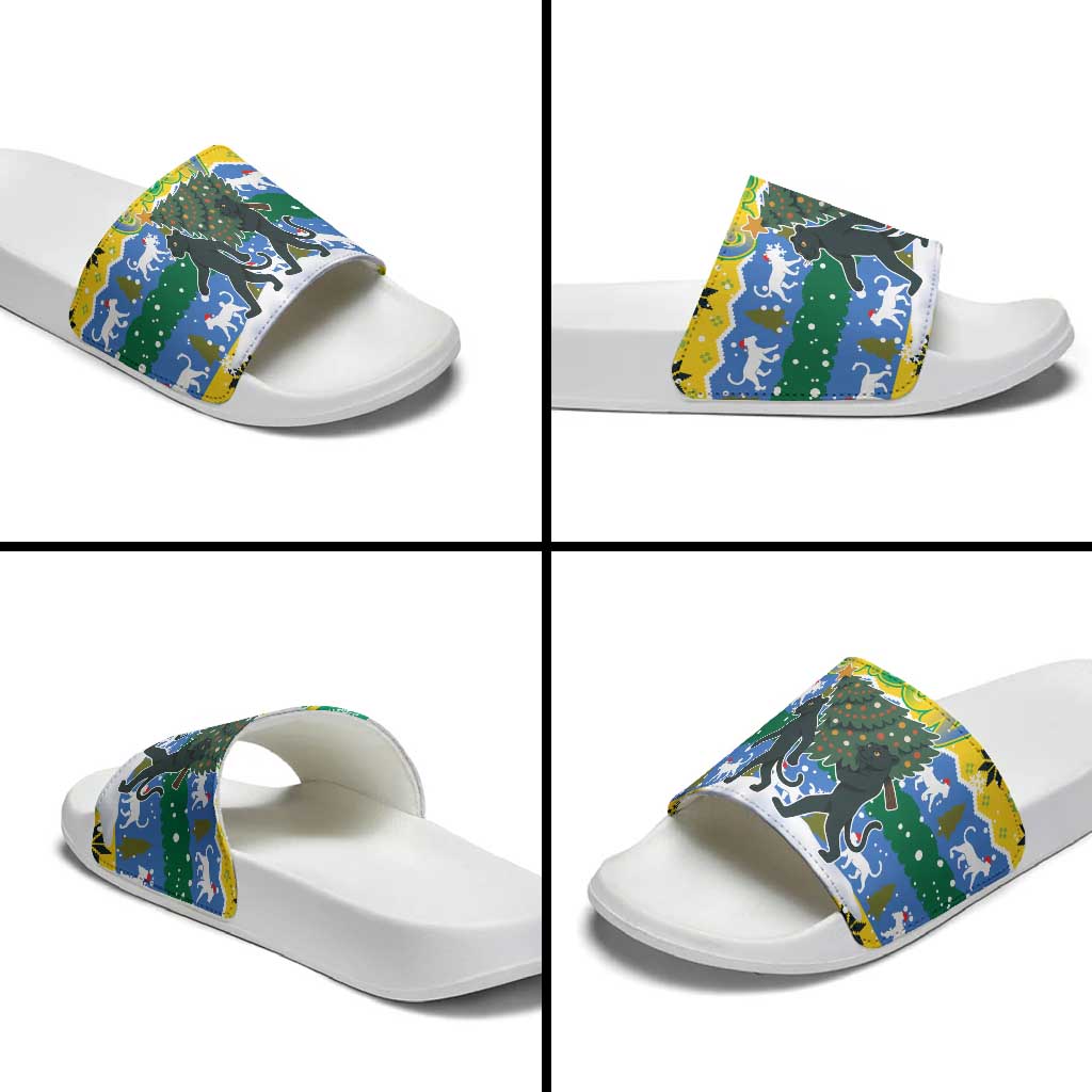 Gabon Christmas Slide Sandals with Black Panthers Carrying Tree and Green Yellow Snowflake Pattern - Wonder Print Shop