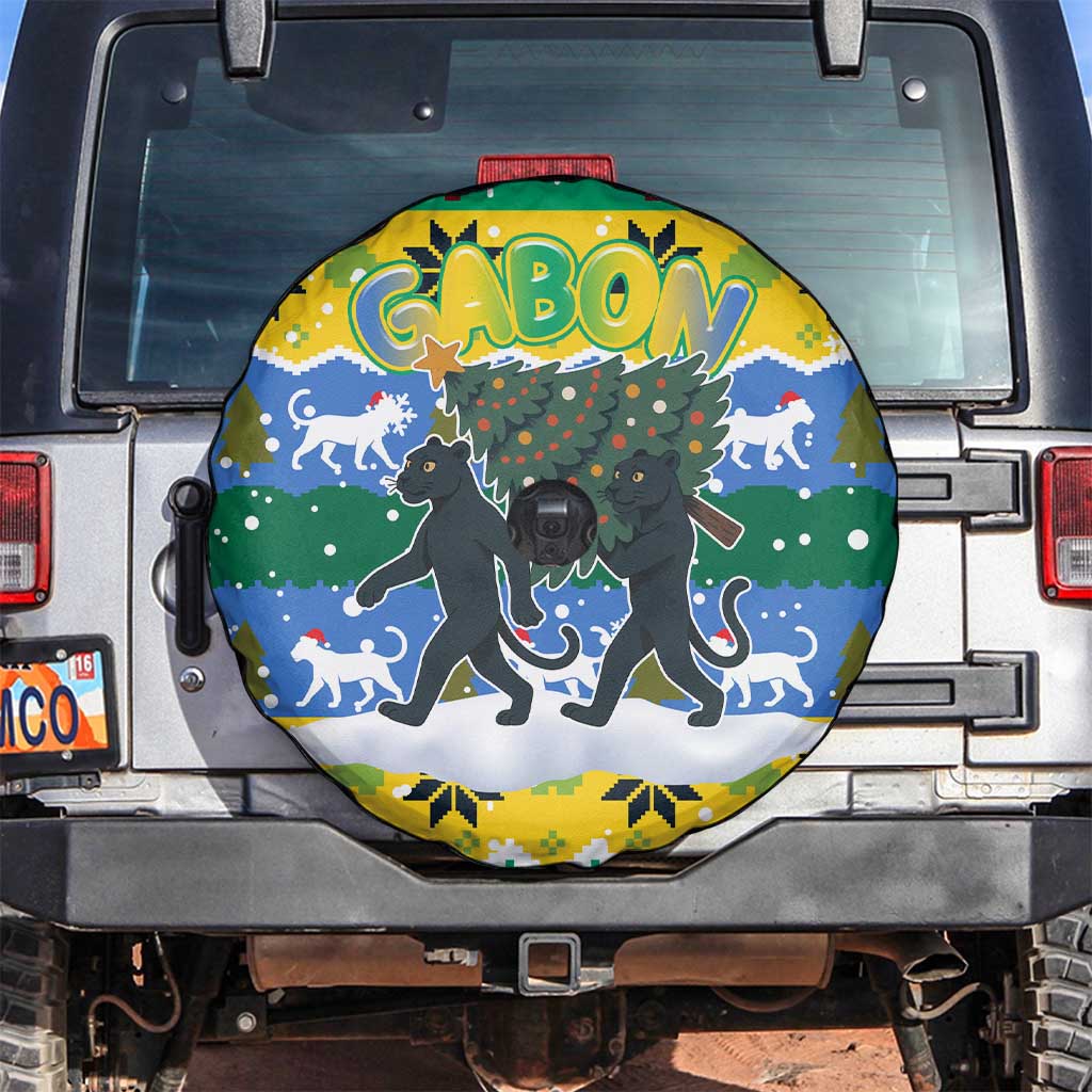 Gabon Christmas Spare Tire Cover with Black Panthers Carrying Tree and Green Yellow Snowflake Pattern - Wonder Print Shop
