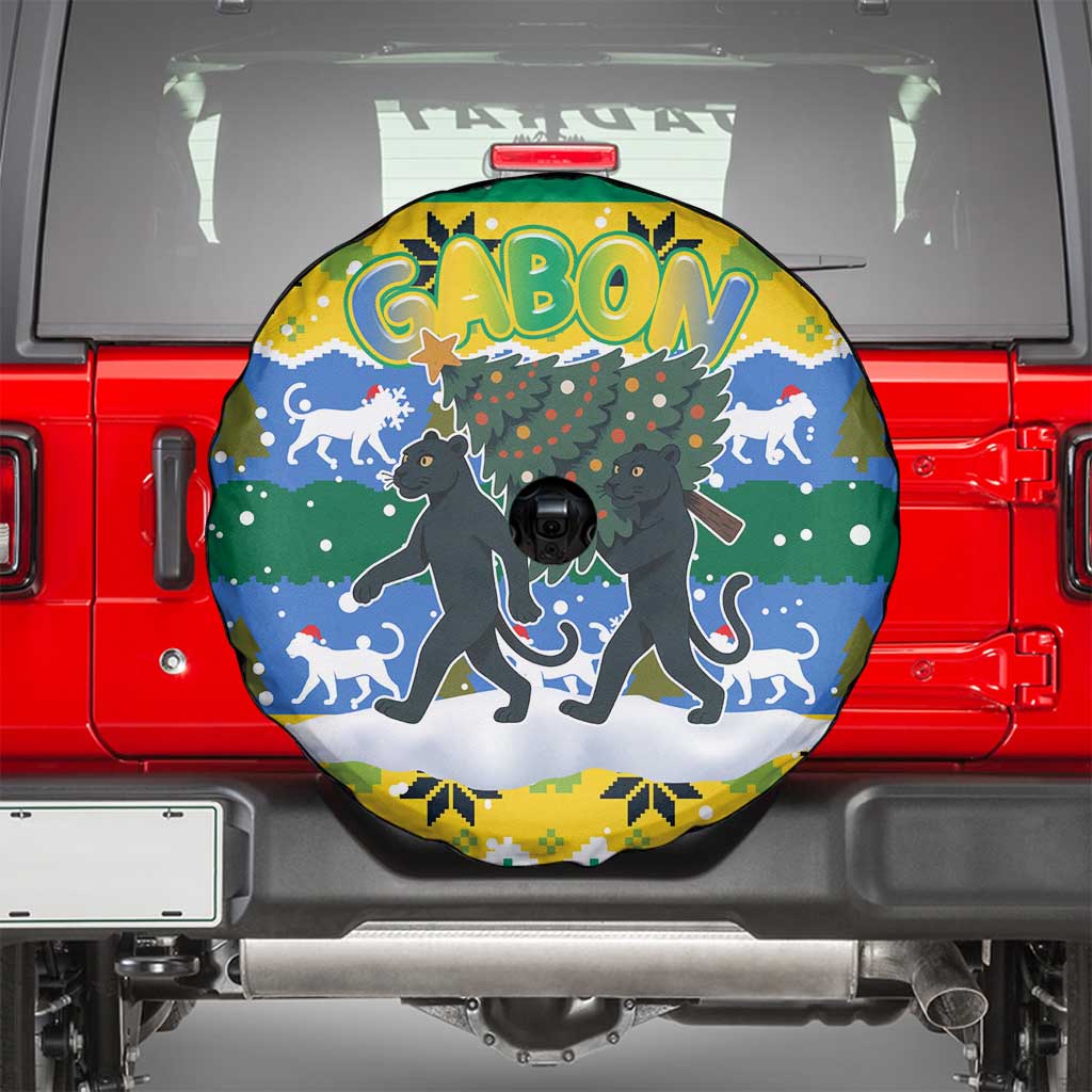 Gabon Christmas Spare Tire Cover with Black Panthers Carrying Tree and Green Yellow Snowflake Pattern - Wonder Print Shop