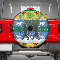 Gabon Christmas Spare Tire Cover with Black Panthers Carrying Tree and Green Yellow Snowflake Pattern - Wonder Print Shop