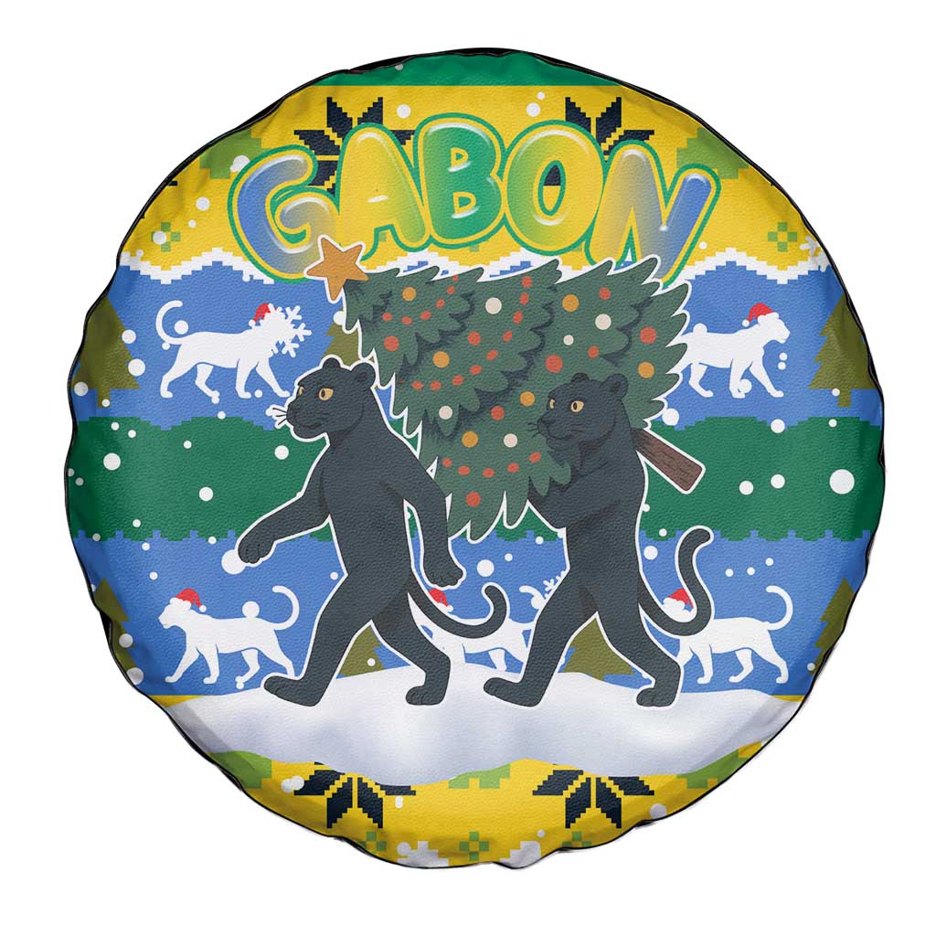 Gabon Christmas Spare Tire Cover with Black Panthers Carrying Tree and Green Yellow Snowflake Pattern - Wonder Print Shop