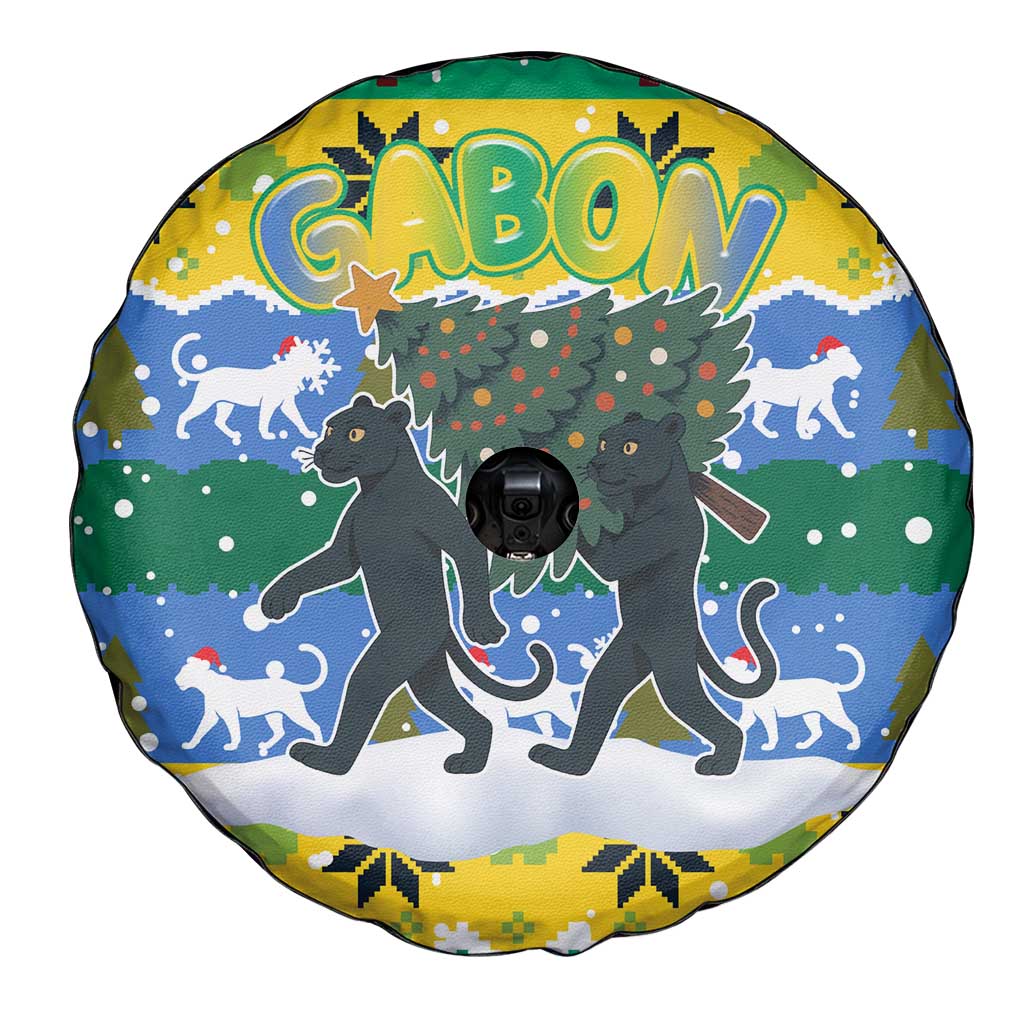 Gabon Christmas Spare Tire Cover with Black Panthers Carrying Tree and Green Yellow Snowflake Pattern - Wonder Print Shop