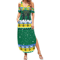 Gabon Christmas Summer Maxi Dress with Black Panthers Carrying Tree and Green Yellow Snowflake Pattern - Wonder Print Shop