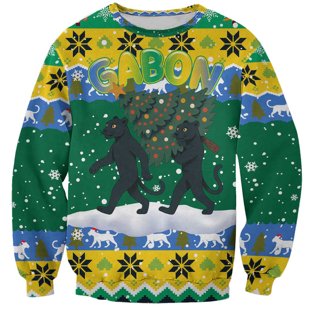 Gabon Christmas Sweatshirt with Black Panthers Carrying Tree and Green Yellow Snowflake Pattern - Wonder Print Shop