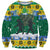 Gabon Christmas Sweatshirt with Black Panthers Carrying Tree and Green Yellow Snowflake Pattern - Wonder Print Shop