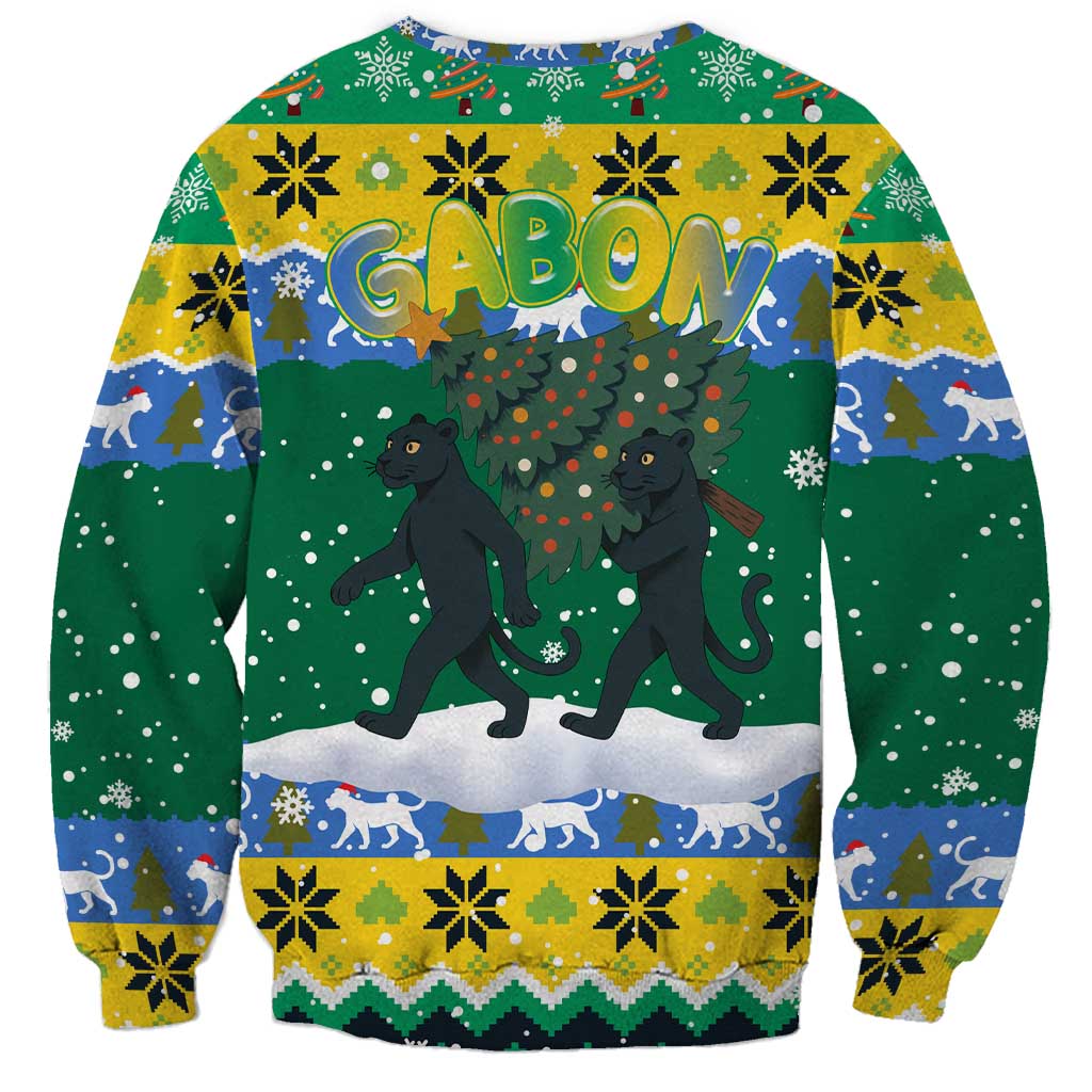 Gabon Christmas Sweatshirt with Black Panthers Carrying Tree and Green Yellow Snowflake Pattern - Wonder Print Shop