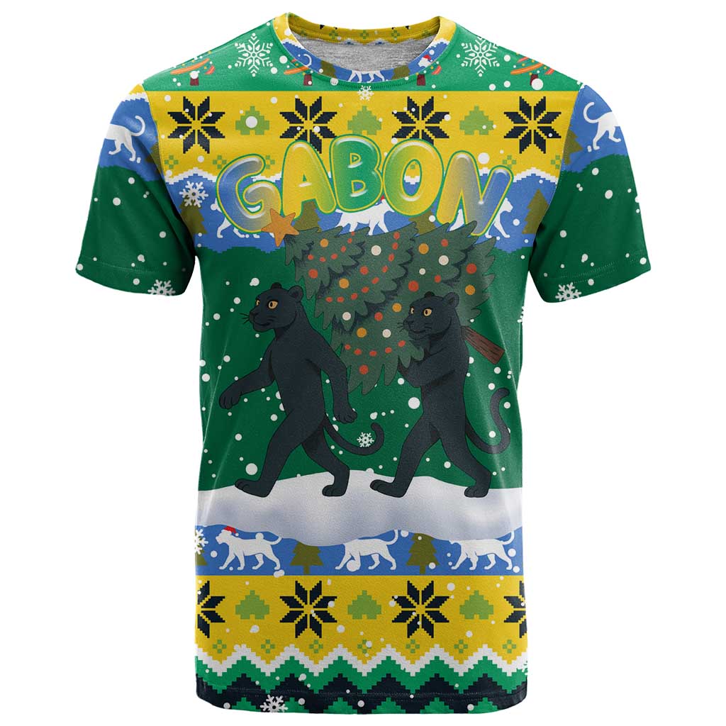 Gabon Christmas T Shirt with Black Panthers Carrying Tree and Green Yellow Snowflake Pattern - Wonder Print Shop