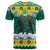 Gabon Christmas T Shirt with Black Panthers Carrying Tree and Green Yellow Snowflake Pattern - Wonder Print Shop