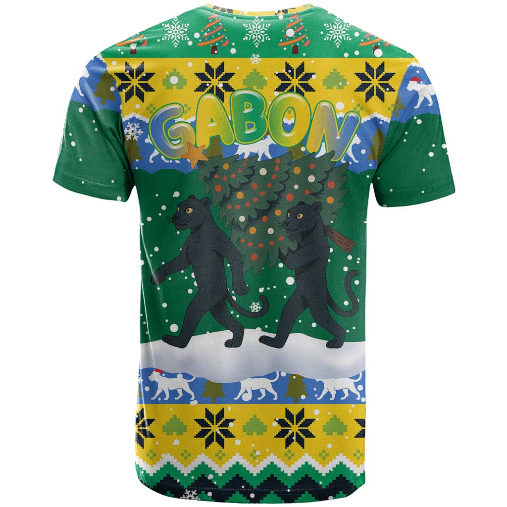 Gabon Christmas T Shirt with Black Panthers Carrying Tree and Green Yellow Snowflake Pattern - Wonder Print Shop