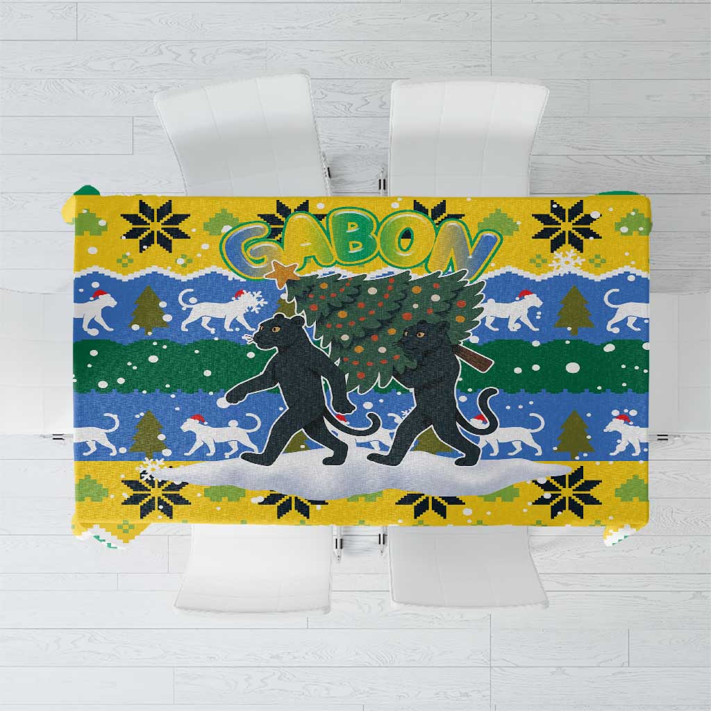 Gabon Christmas Tablecloth with Black Panthers Carrying Tree and Green Yellow Snowflake Pattern - Wonder Print Shop