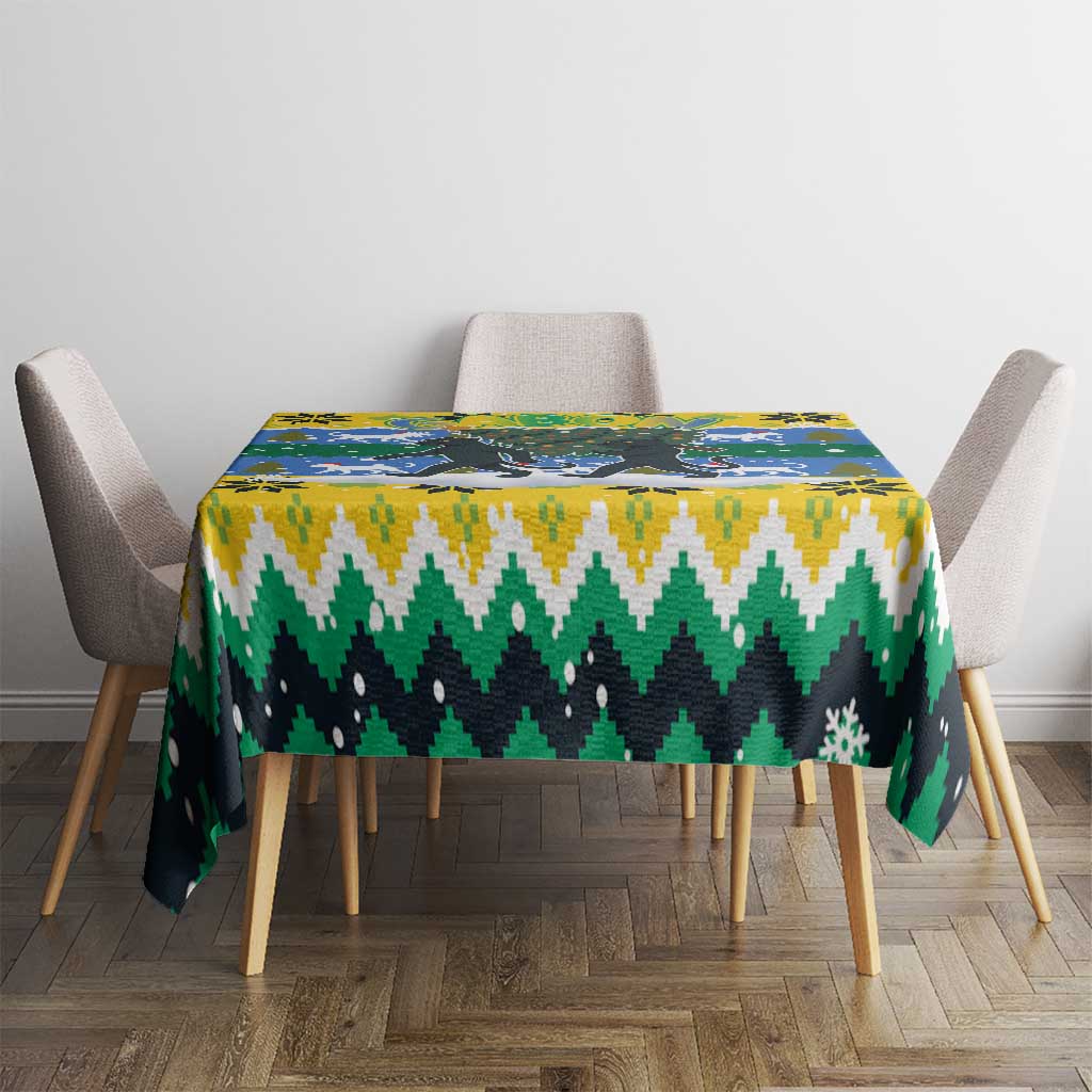 Gabon Christmas Tablecloth with Black Panthers Carrying Tree and Green Yellow Snowflake Pattern - Wonder Print Shop