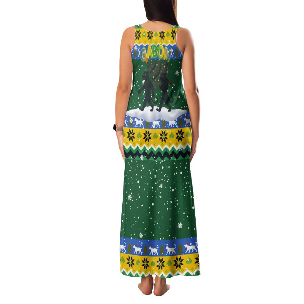 Gabon Christmas Tank Maxi Dress with Black Panthers Carrying Tree and Green Yellow Snowflake Pattern - Wonder Print Shop
