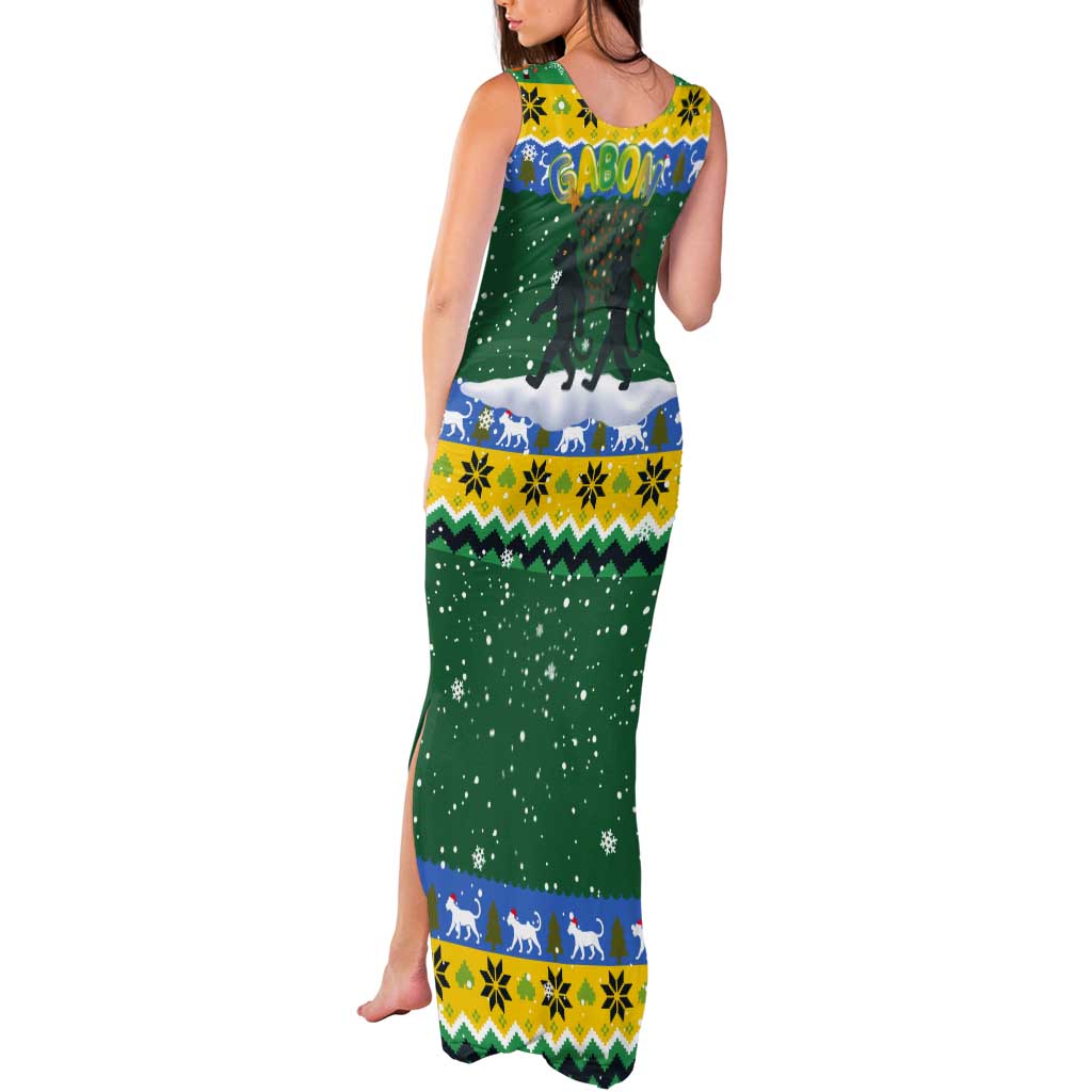 Gabon Christmas Tank Maxi Dress with Black Panthers Carrying Tree and Green Yellow Snowflake Pattern - Wonder Print Shop