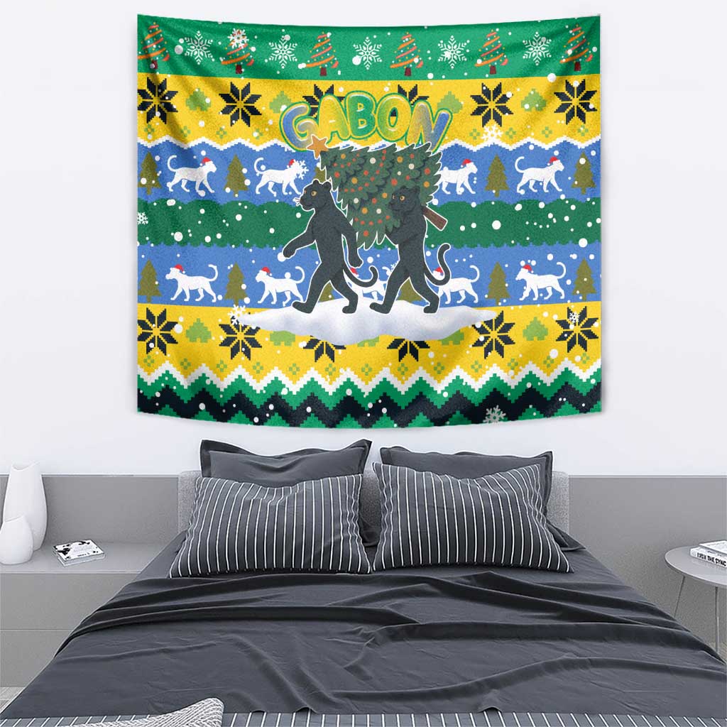 Gabon Christmas Tapestry with Black Panthers Carrying Tree and Green Yellow Snowflake Pattern - Wonder Print Shop