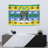 Gabon Christmas Tapestry with Black Panthers Carrying Tree and Green Yellow Snowflake Pattern - Wonder Print Shop
