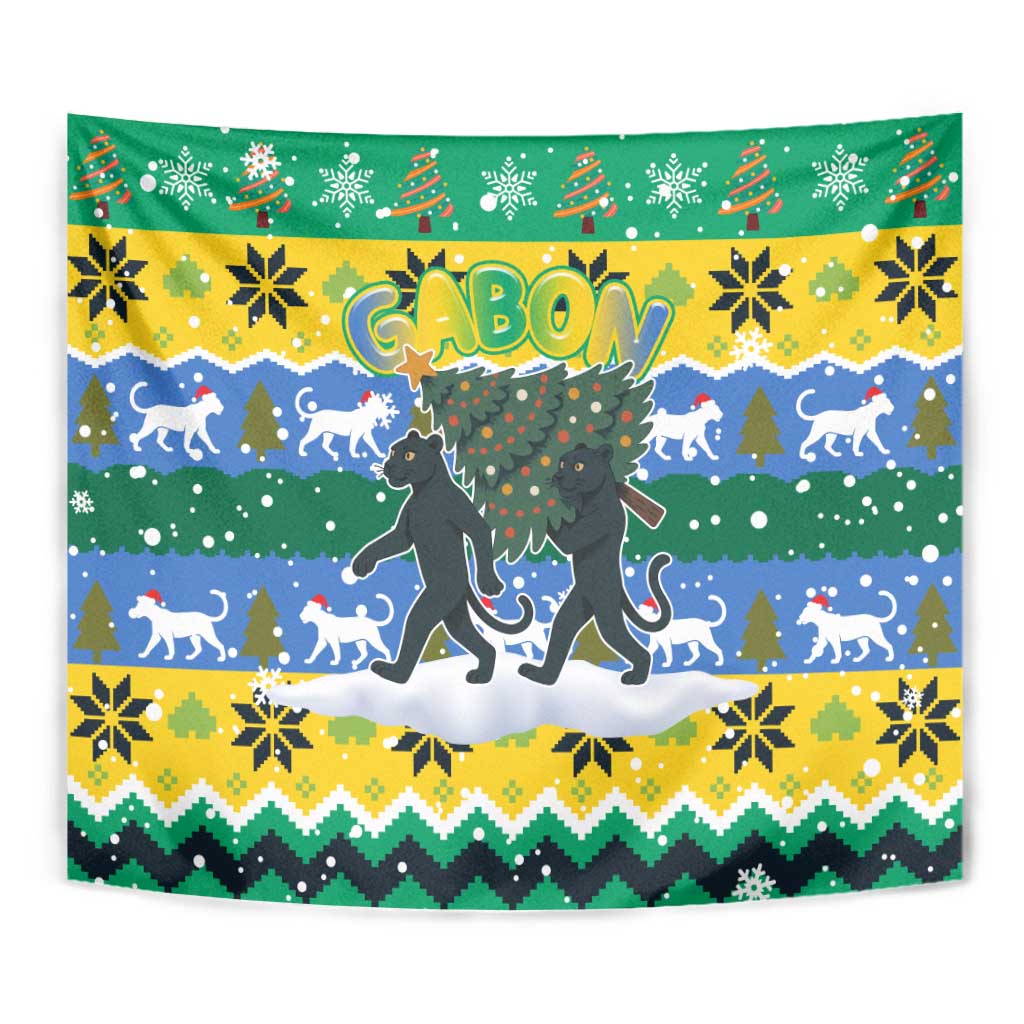 Gabon Christmas Tapestry with Black Panthers Carrying Tree and Green Yellow Snowflake Pattern - Wonder Print Shop