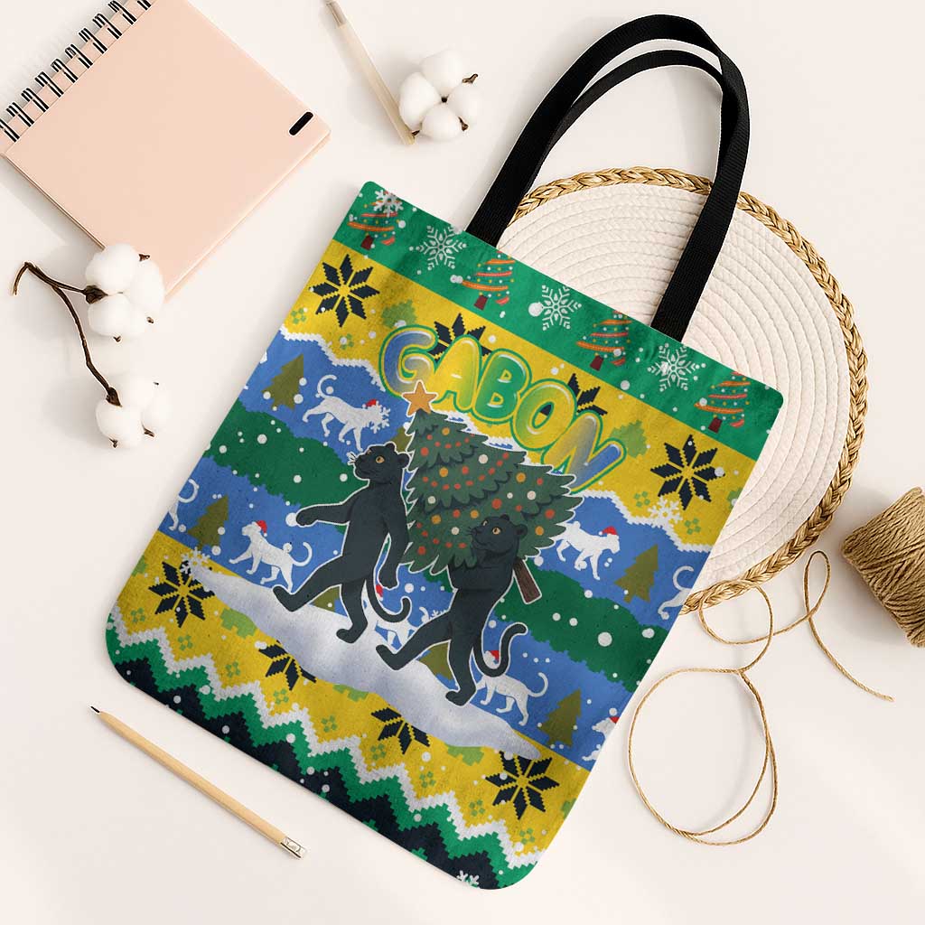 Gabon Christmas Tote Bag with Black Panthers Carrying Tree and Green Yellow Snowflake Pattern - Wonder Print Shop