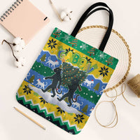 Gabon Christmas Tote Bag with Black Panthers Carrying Tree and Green Yellow Snowflake Pattern - Wonder Print Shop