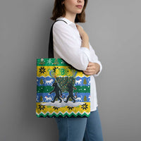 Gabon Christmas Tote Bag with Black Panthers Carrying Tree and Green Yellow Snowflake Pattern - Wonder Print Shop