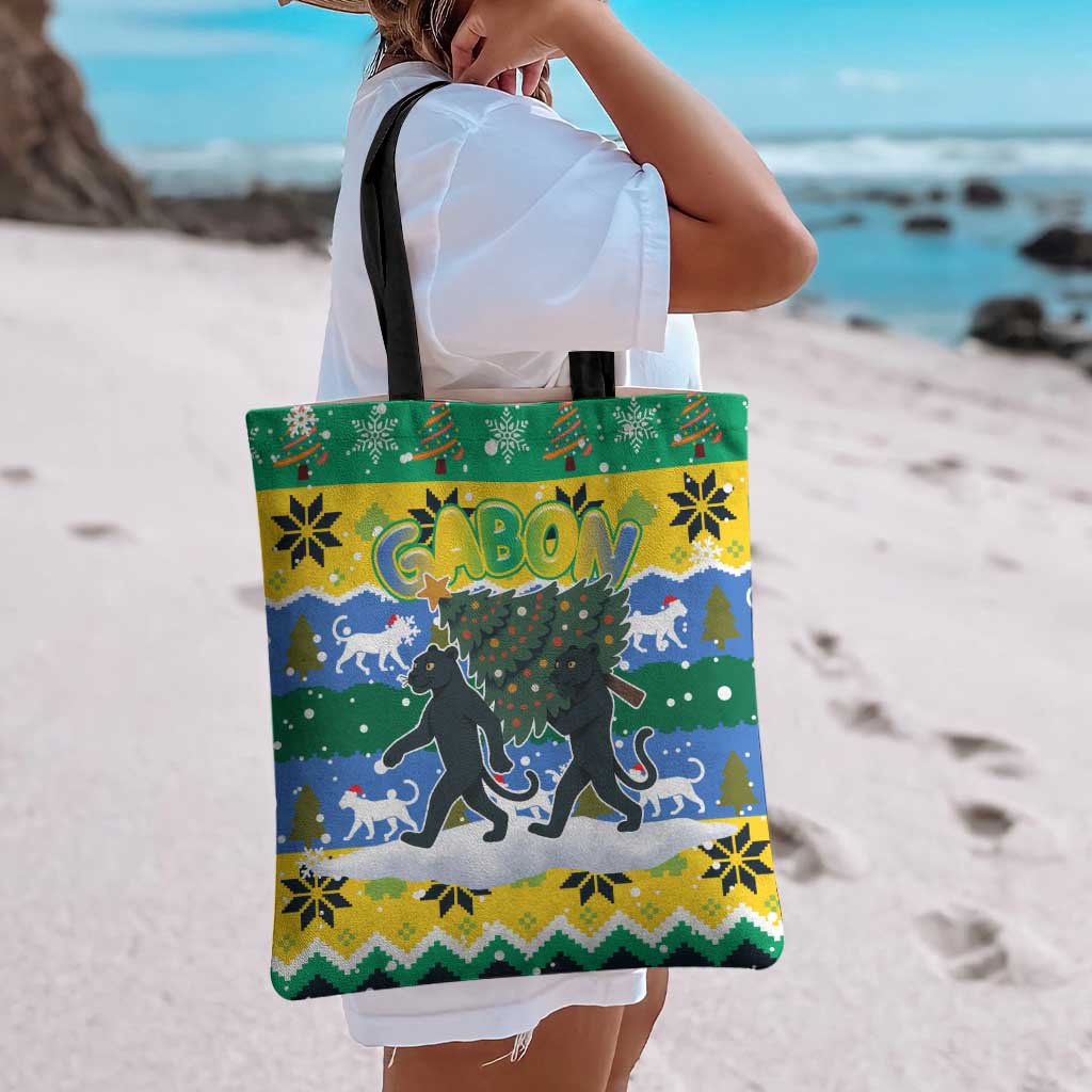 Gabon Christmas Tote Bag with Black Panthers Carrying Tree and Green Yellow Snowflake Pattern - Wonder Print Shop